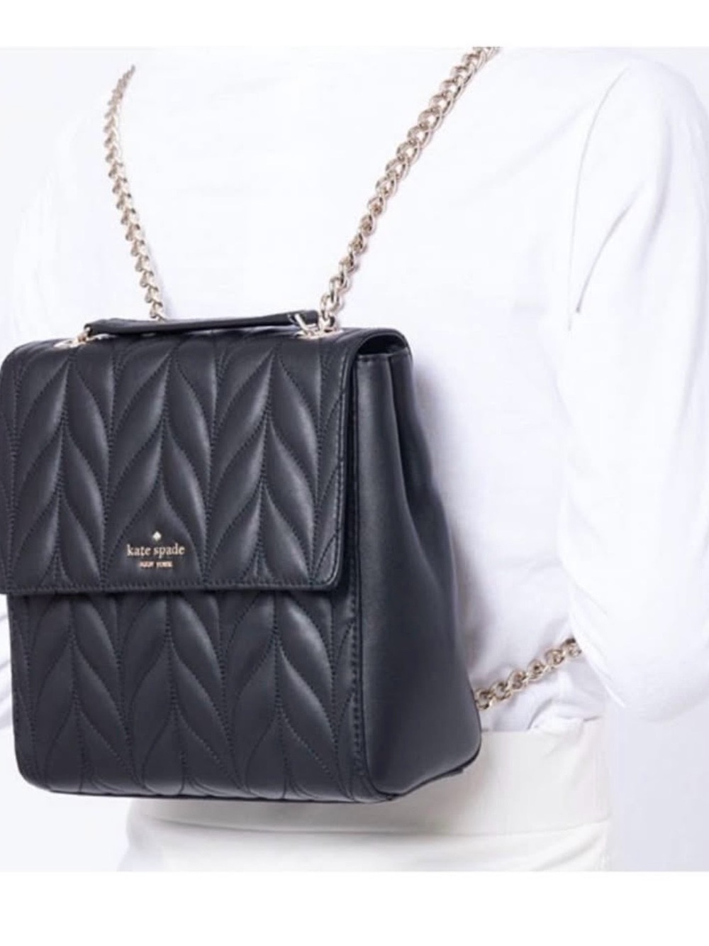 kate spade Black Quilted Leather Backpack with Gold Chain Strap